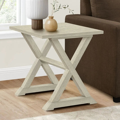 Compact Accent End Table square, light distressed white wood with cross-legged X-frame on Tampa Home & Garden Store