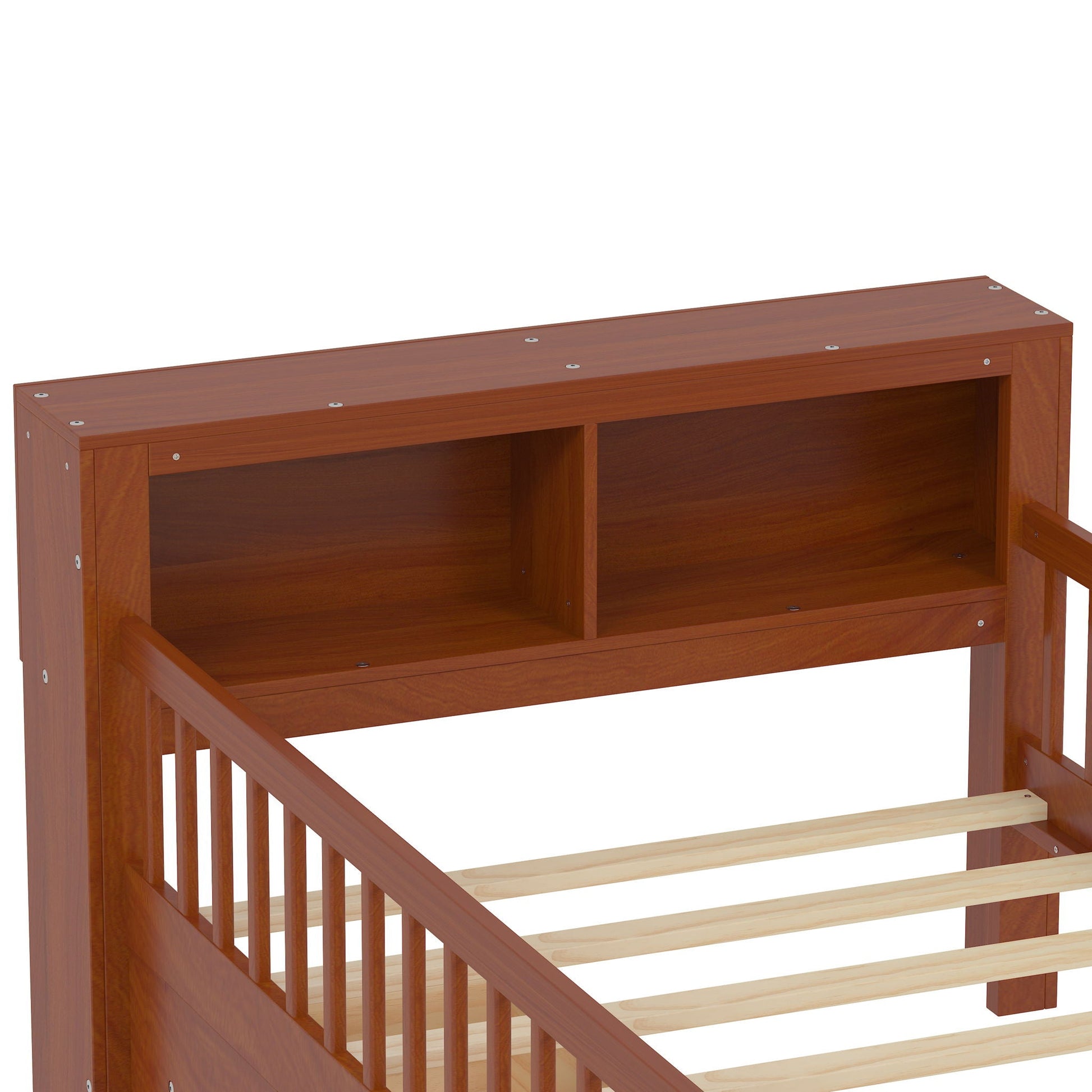 Wood storage bed with headboard rack, 2 under-bed drawers, 3 side guardrails in brown finish on Tampa Home & Garden Store