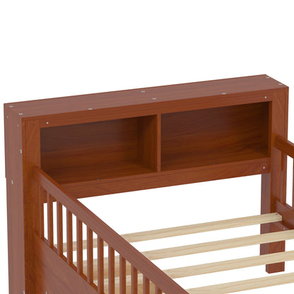 Wood storage bed with headboard rack, 2 under-bed drawers, 3 side guardrails in brown finish on Tampa Home & Garden Store