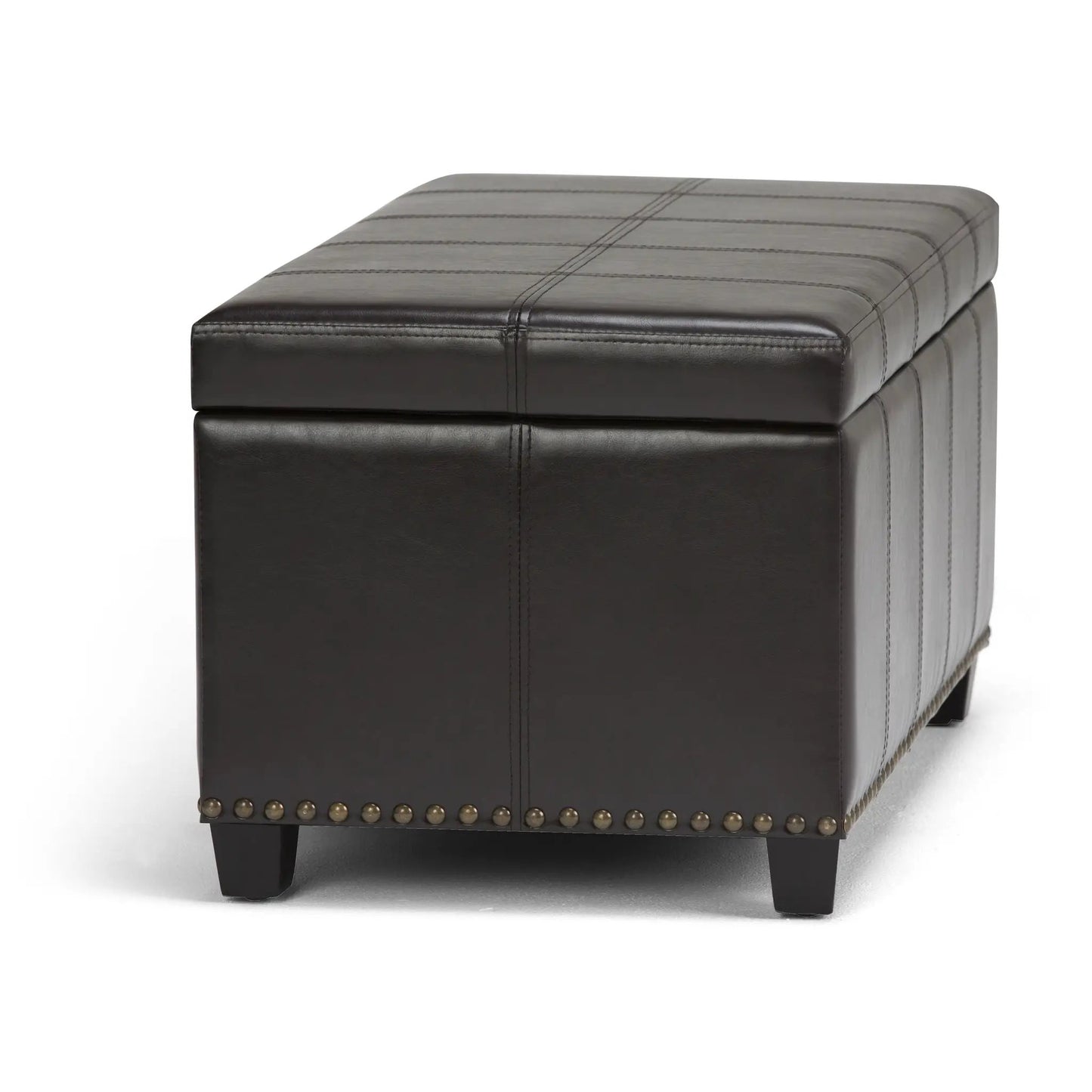 Amelia storage ottoman bench in dark brown leather with grid stitching and studs on Tampa Home & Garden Store