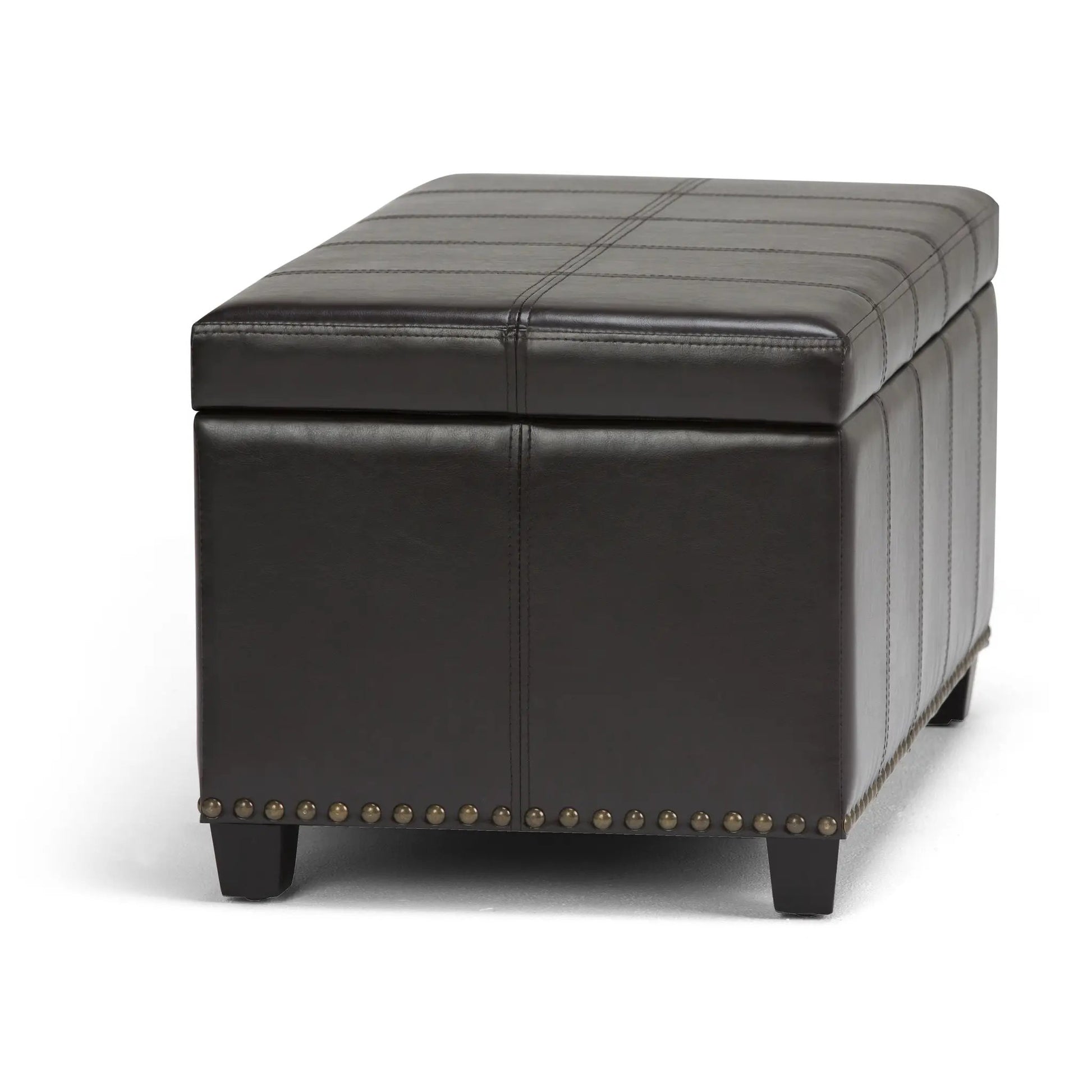 Amelia storage ottoman bench in dark brown leather with grid stitching and studs on Tampa Home & Garden Store