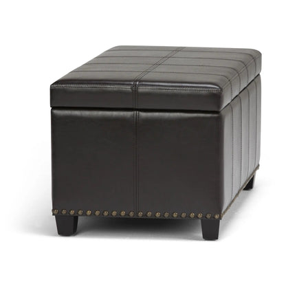 Amelia storage ottoman bench in dark brown leather with grid stitching and studs on Tampa Home & Garden Store