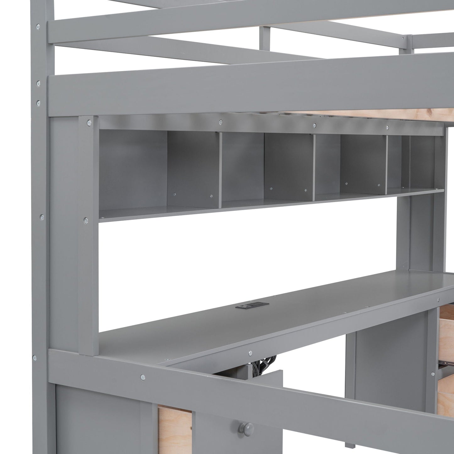 Loft bed frame in gray metal with built-in desk and open storage cubbies beneath on Tampa Home & Garden Store