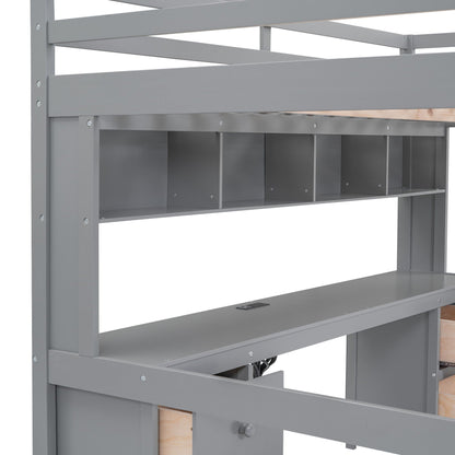 Loft bed frame in gray metal with built-in desk and open storage cubbies beneath on Tampa Home & Garden Store