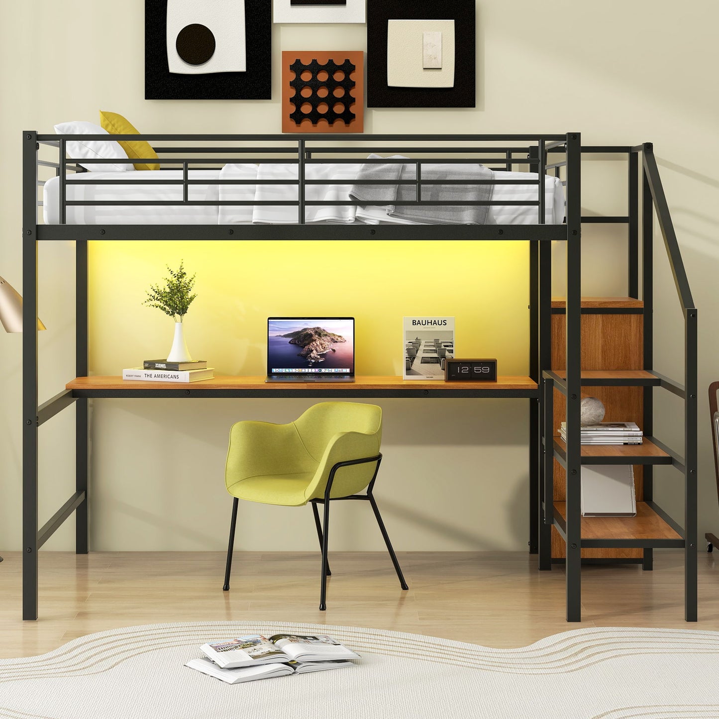 Loft Bed With Desk by HouseOfZazla; black metal frame, storage stairs, LED light, below on Tampa Home & Garden Store