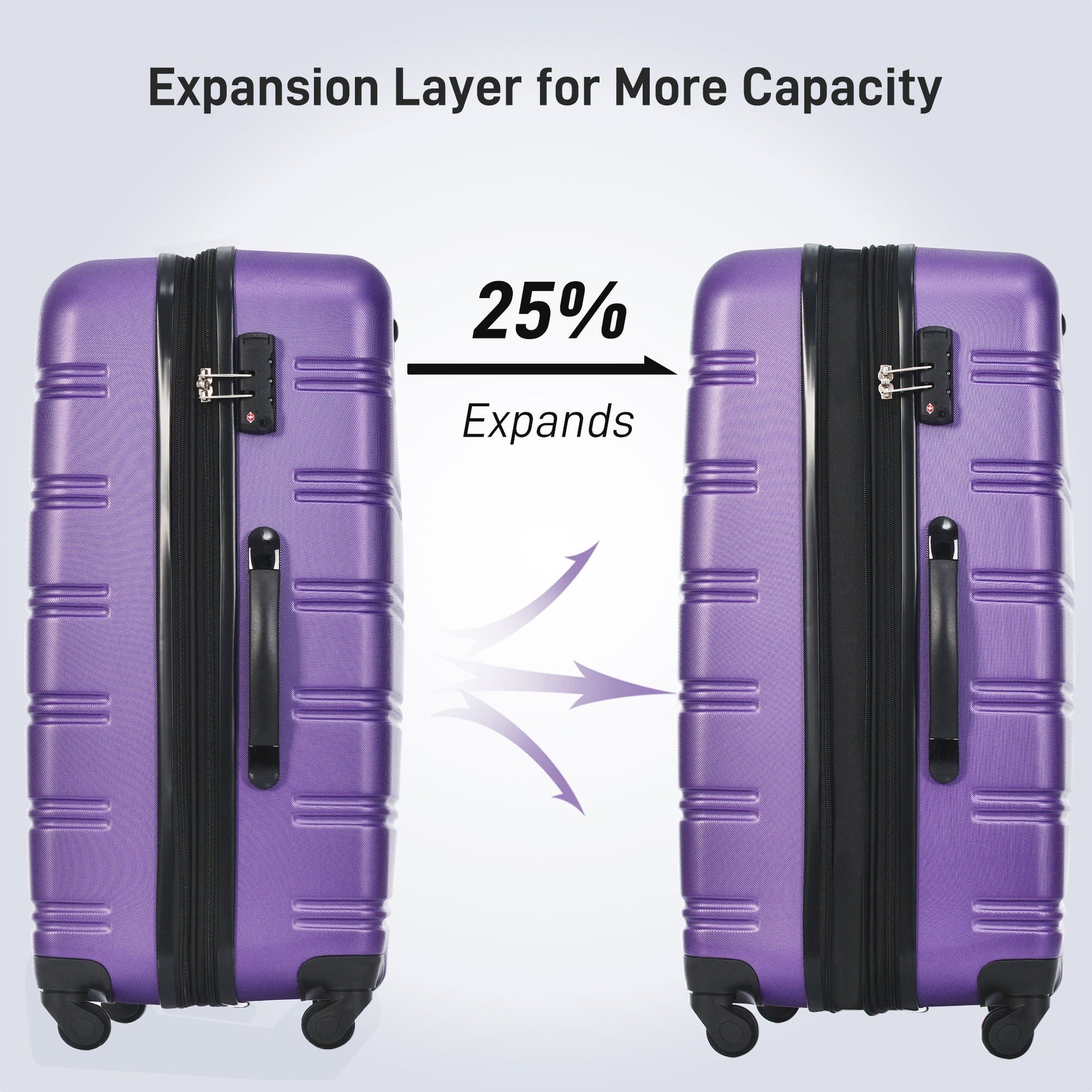 Two purple hardside spinner suitcases with black zippers and wheels on Tampa Home & Garden Store