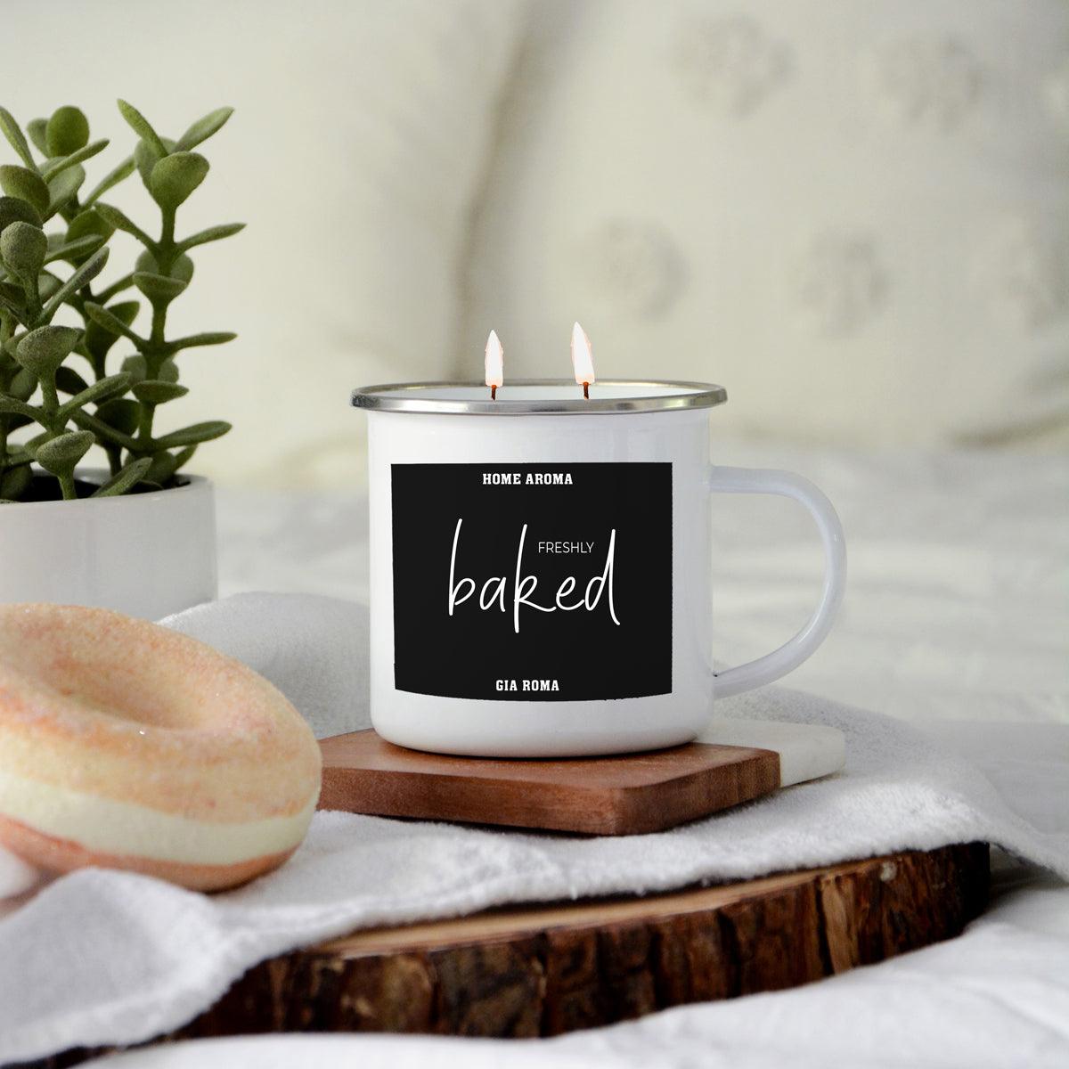 16oz candle mug Gia Roma white ceramic with black label freshly baked two-wick candle on Tampa Home & Garden Store
