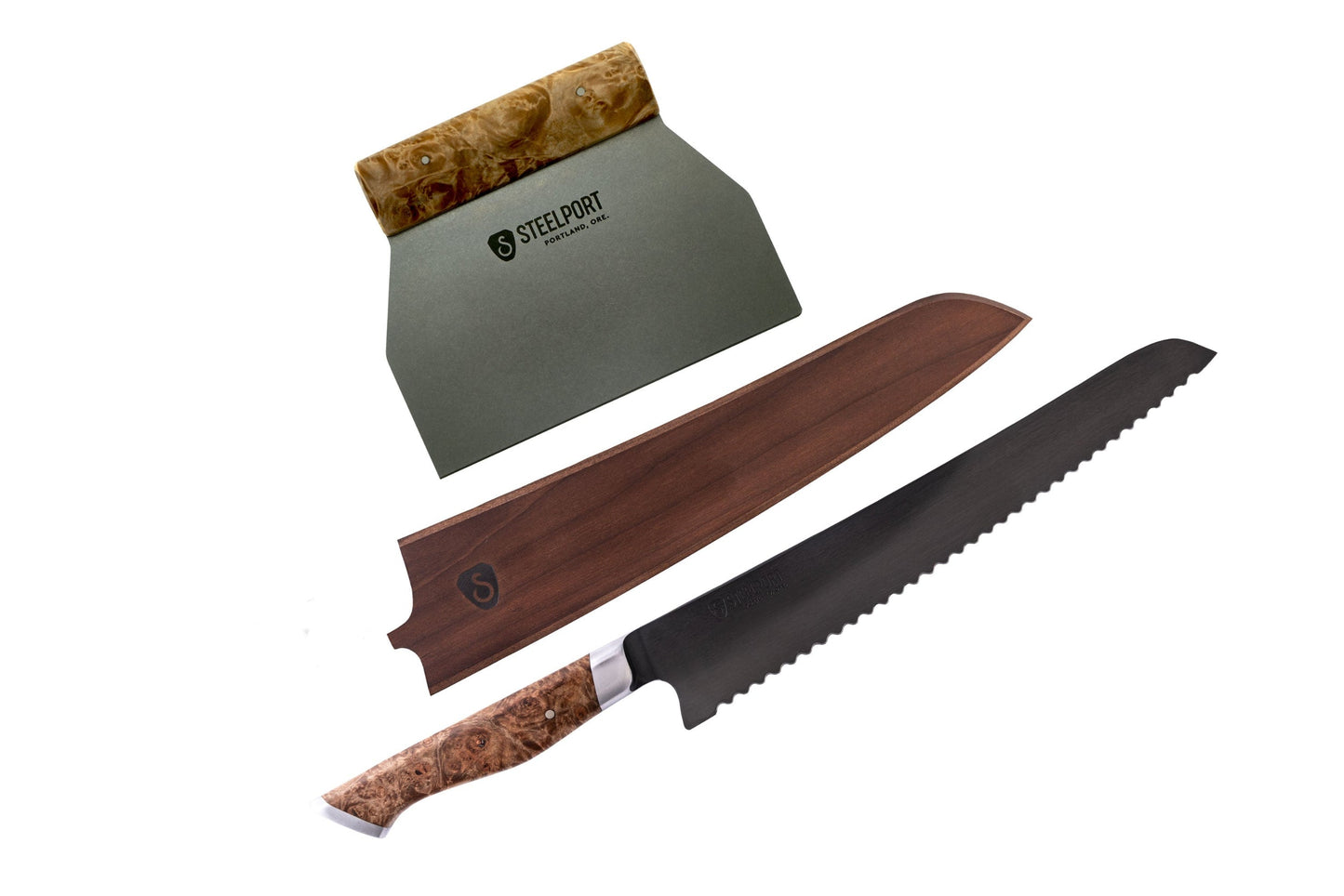 3-Piece Baker Set STEELPORT Knife Co. wood-handle spatula and serrated bread knives on Tampa Home & Garden Store
