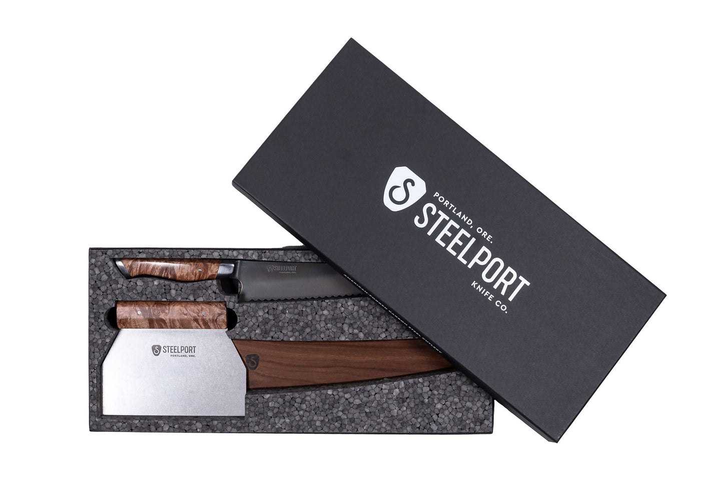 3-Piece Baker Set STEELPORT Knife Co. wood-handle kitchen knives in black foam insert box on Tampa Home & Garden Store