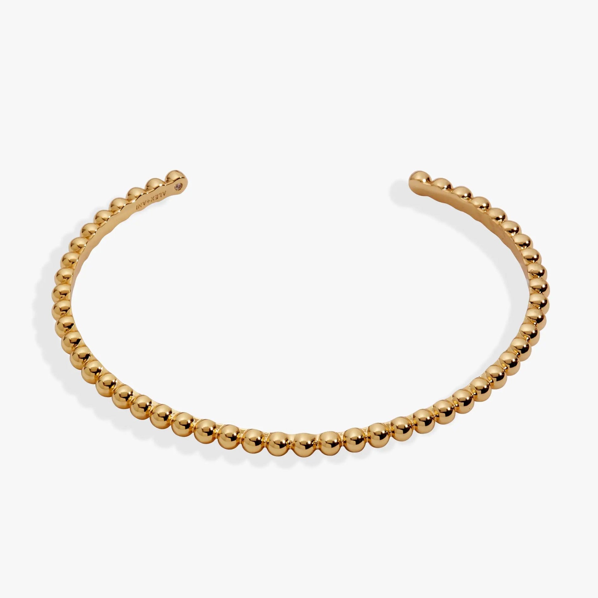 Gold beaded cuff bracelet, ALEX AND ANI engraving on inner side, gold-tone beads on Tampa Home & Garden Store