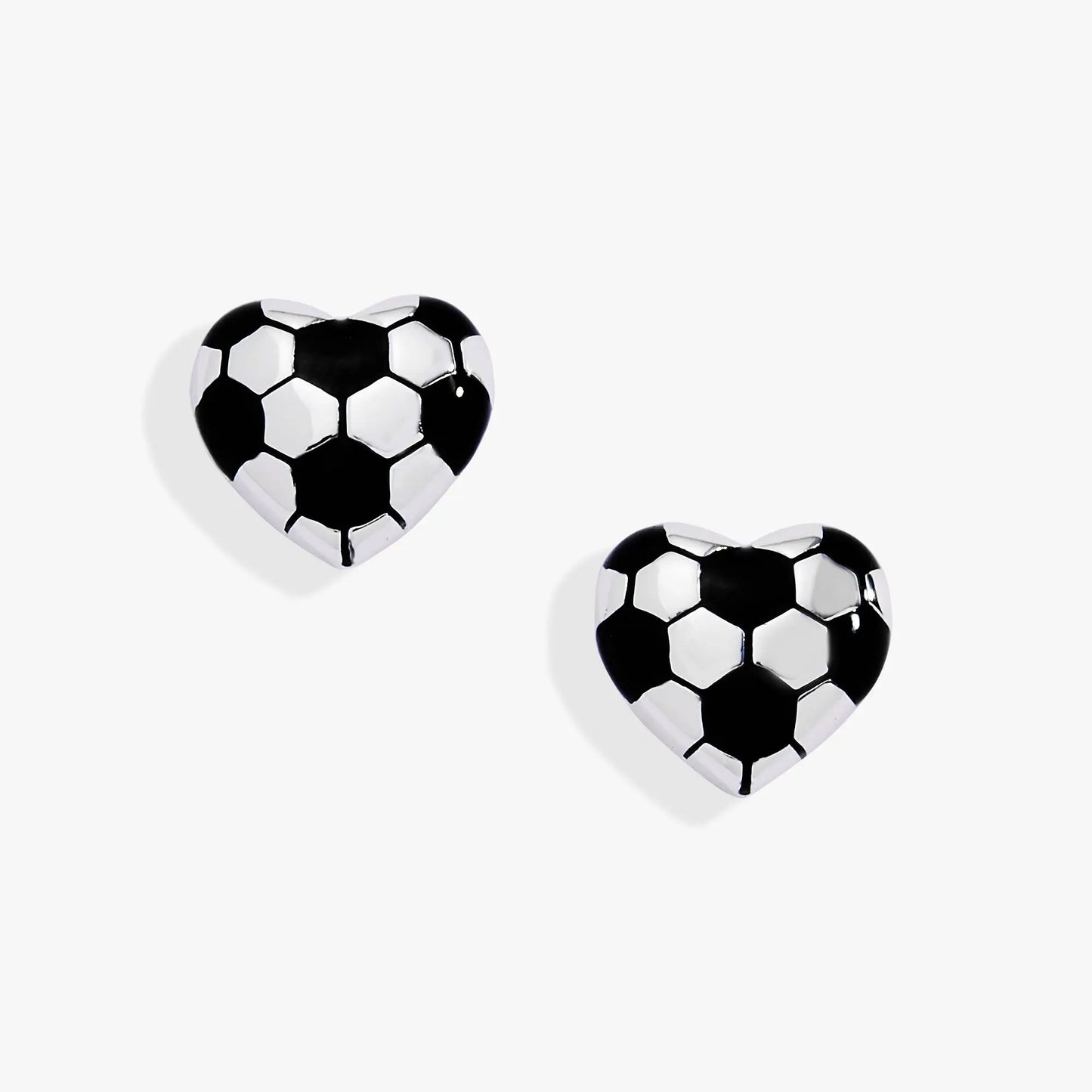 Soccer Heart Stud Earrings pair in black and white soccer-ball pattern on Tampa Home & Garden Store