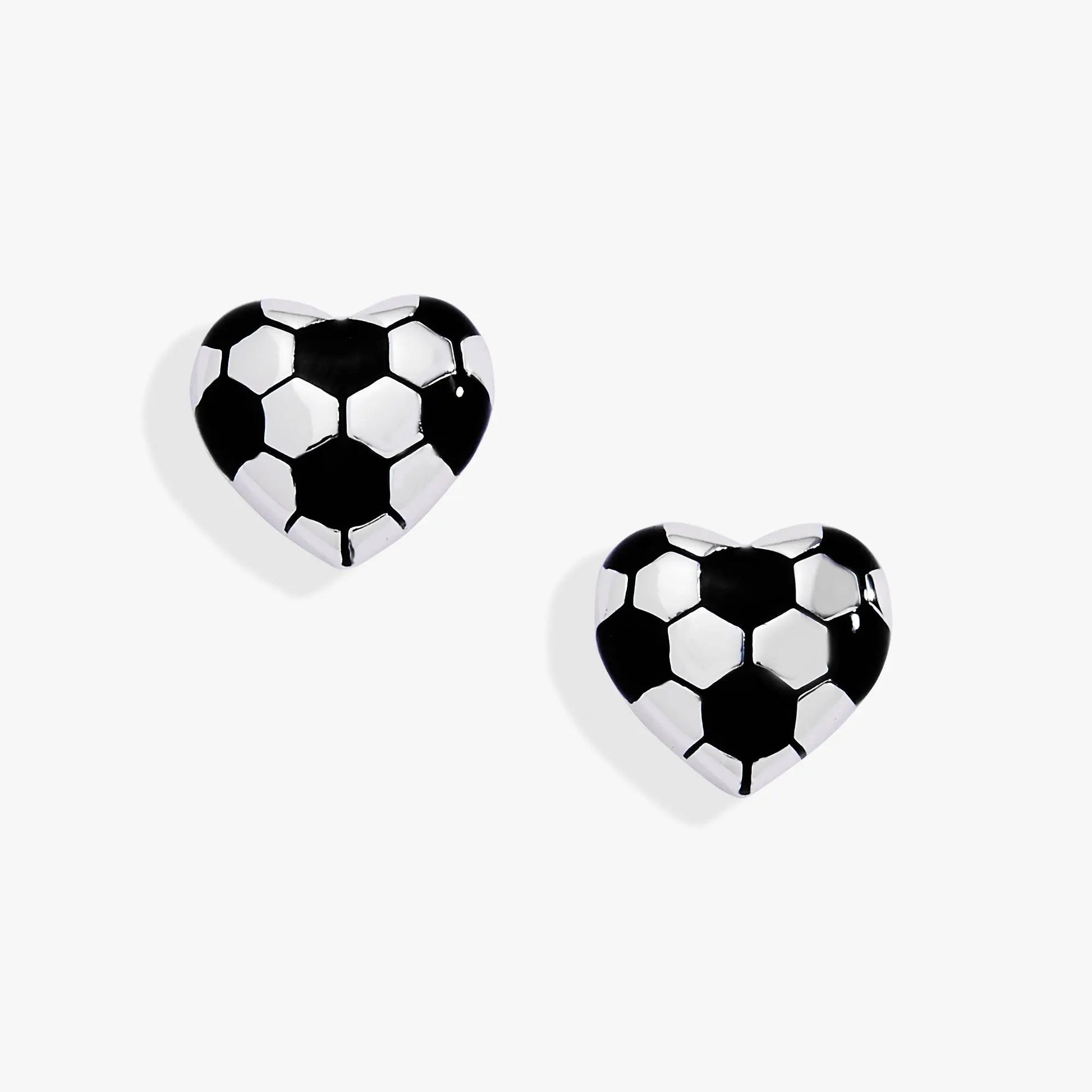 Soccer Heart Stud Earrings pair in black and white soccer-ball pattern on Tampa Home & Garden Store
