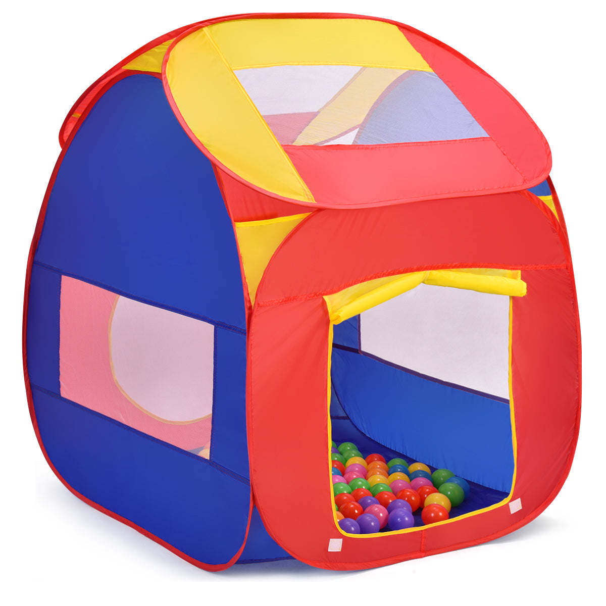 Portable kid play house tent by GemGear with 100 balls, red blue yellow fabric ball pit on Tampa Home & Garden Store