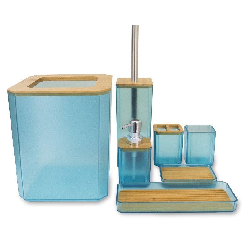 Stevvex six-piece blue translucent plastic bamboo bathroom accessories set with bamboo lids on Tampa Home & Garden Store