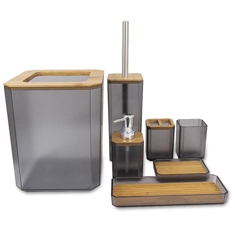 Stevvex bamboo 3-piece bathroom set in gray plastic: trash can, soap dispenser, toothbrush cup on Tampa Home & Garden Store