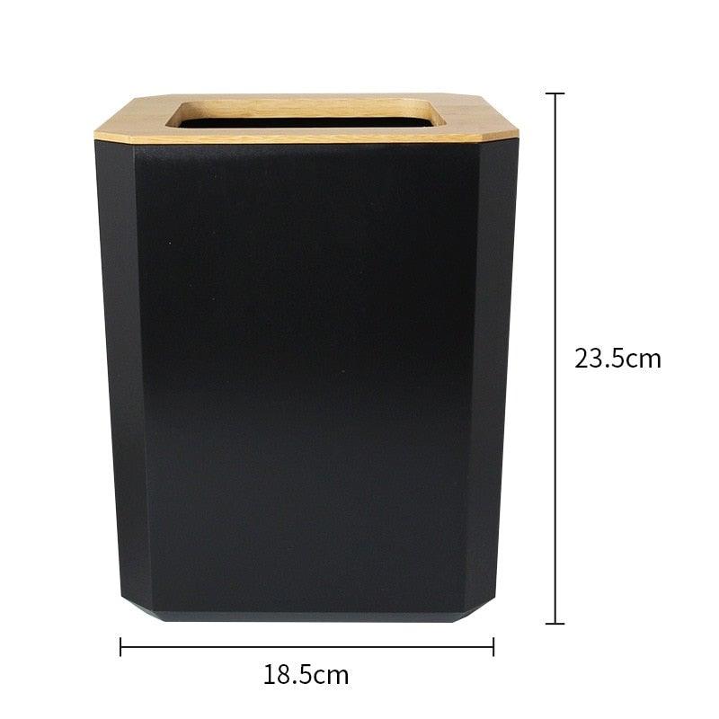 Bamboo-top bathroom trash can with black plastic body, compact rectangular design 23.5x18.5 cm on Tampa Home & Garden Store