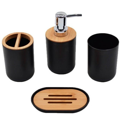 Black bamboo bathroom accessories set with soap dispenser, toothbrush cup, soap dish and trash can on Tampa Home & Garden Store