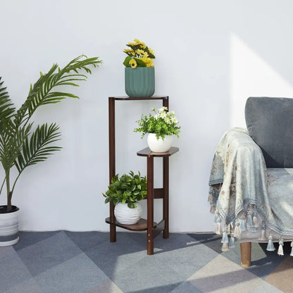 Dark wood bamboo corner plant stand living room 3 tier shelf