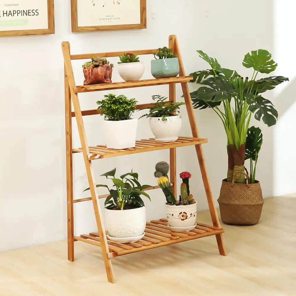 Modern folding light brown bamboo plant stand living room 3 tier shelf