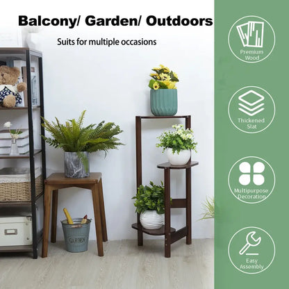 Modern dark wood bamboo tall corner plant stand living room 3 tier