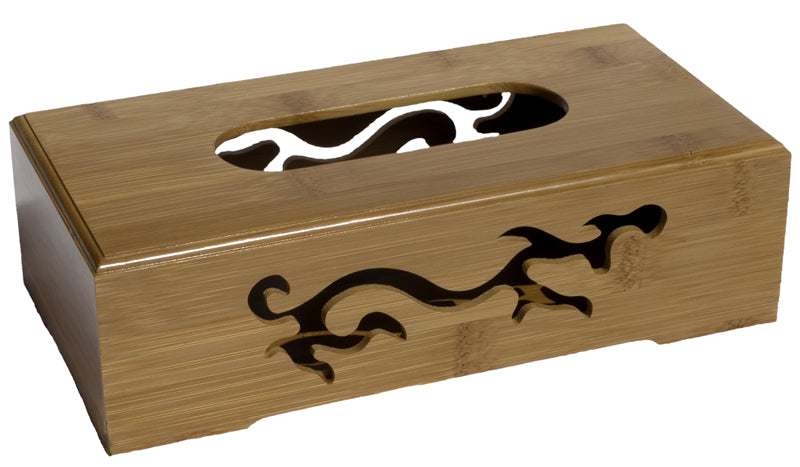 Bamboo Tissue Box by Spun Bamboo in natural wood finish with decorative carved side panels on Tampa Home & Garden Store