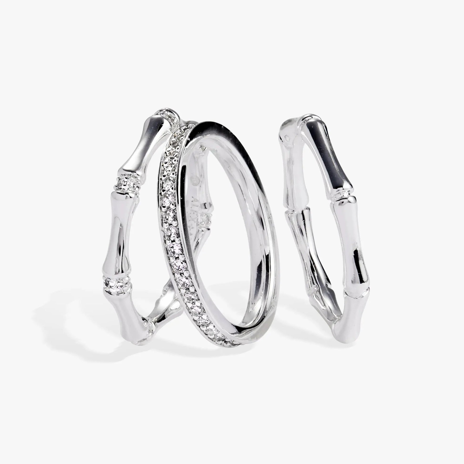 Bamboo Trio Ring Set, three silver rings with pave diamonds by ALEX AND ANI on Tampa Home & Garden Store