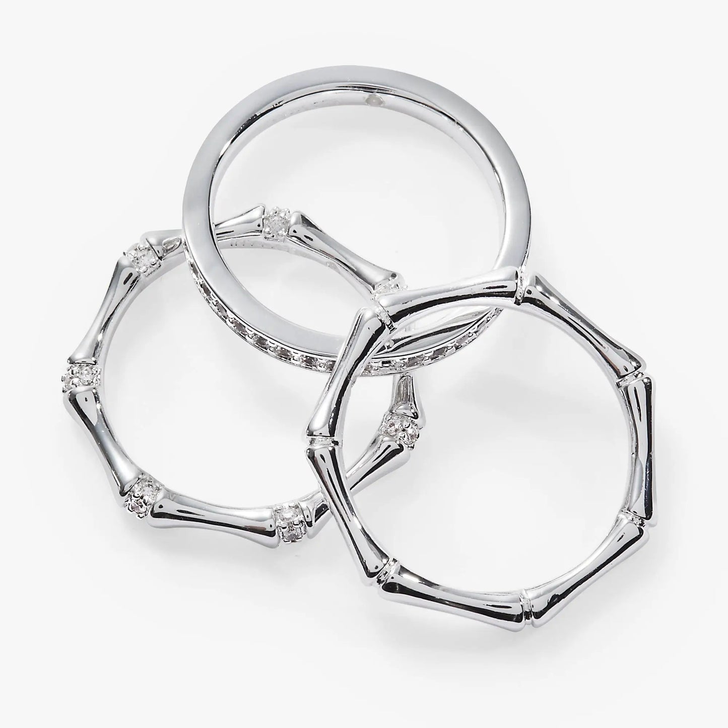 Bamboo Trio Ring Set by ALEX AND ANI, silver-tone rings with diamond accents on Tampa Home & Garden Store