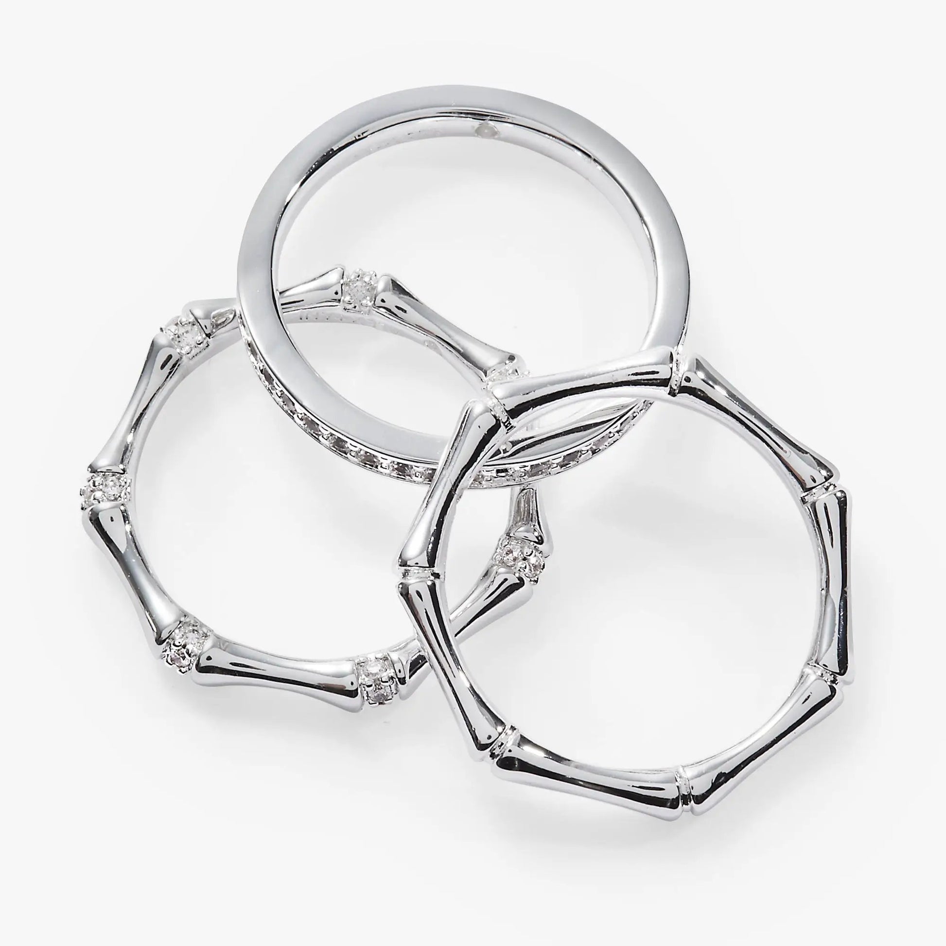 Bamboo Trio Ring Set by ALEX AND ANI, silver-tone rings with diamond accents on Tampa Home & Garden Store
