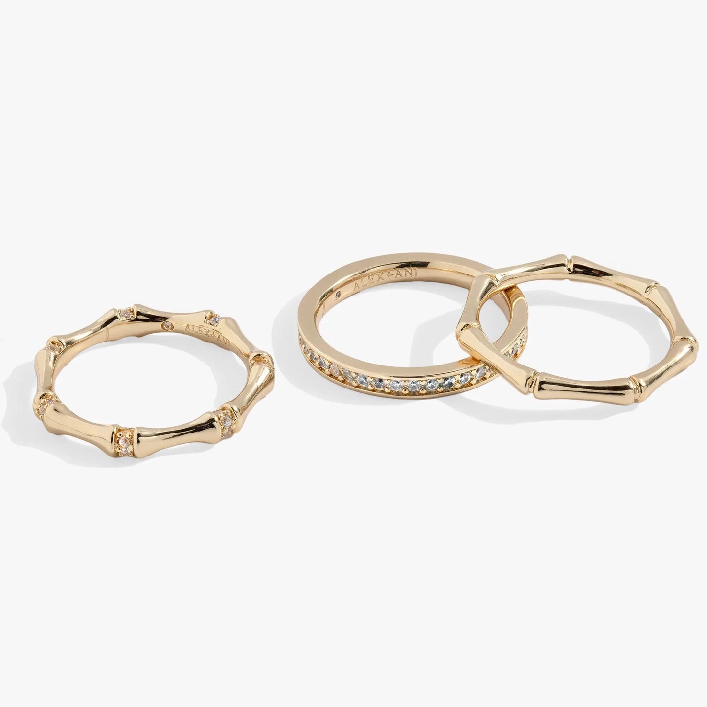 Bamboo Trio Ring Set by ALEX AND ANI, three gold-tone bamboo-link rings with stones on Tampa Home & Garden Store
