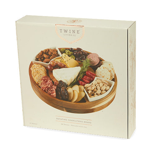Acacia Rotating Charcuterie Board and Ceramic Dishes