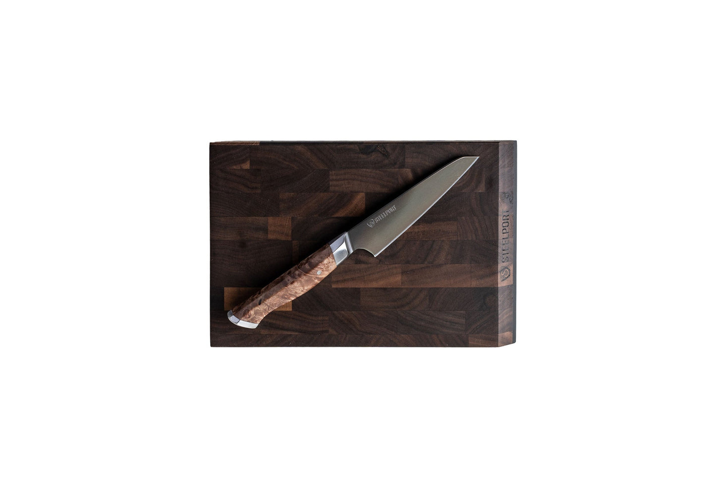Bar Set knife by STEELPORT Knife Co. wooden-handle with steel blade on dark cutting board on Tampa Home & Garden Store