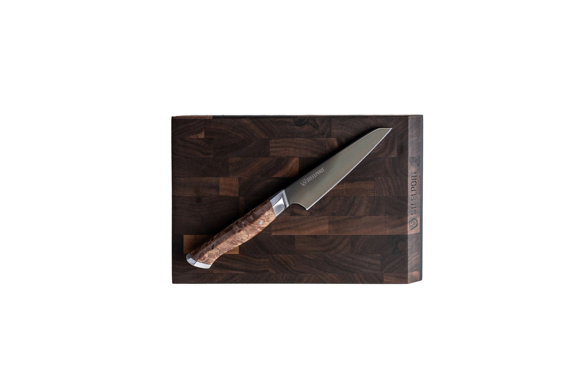 Bar Set knife by STEELPORT Knife Co. wooden-handle with steel blade on dark cutting board on Tampa Home & Garden Store
