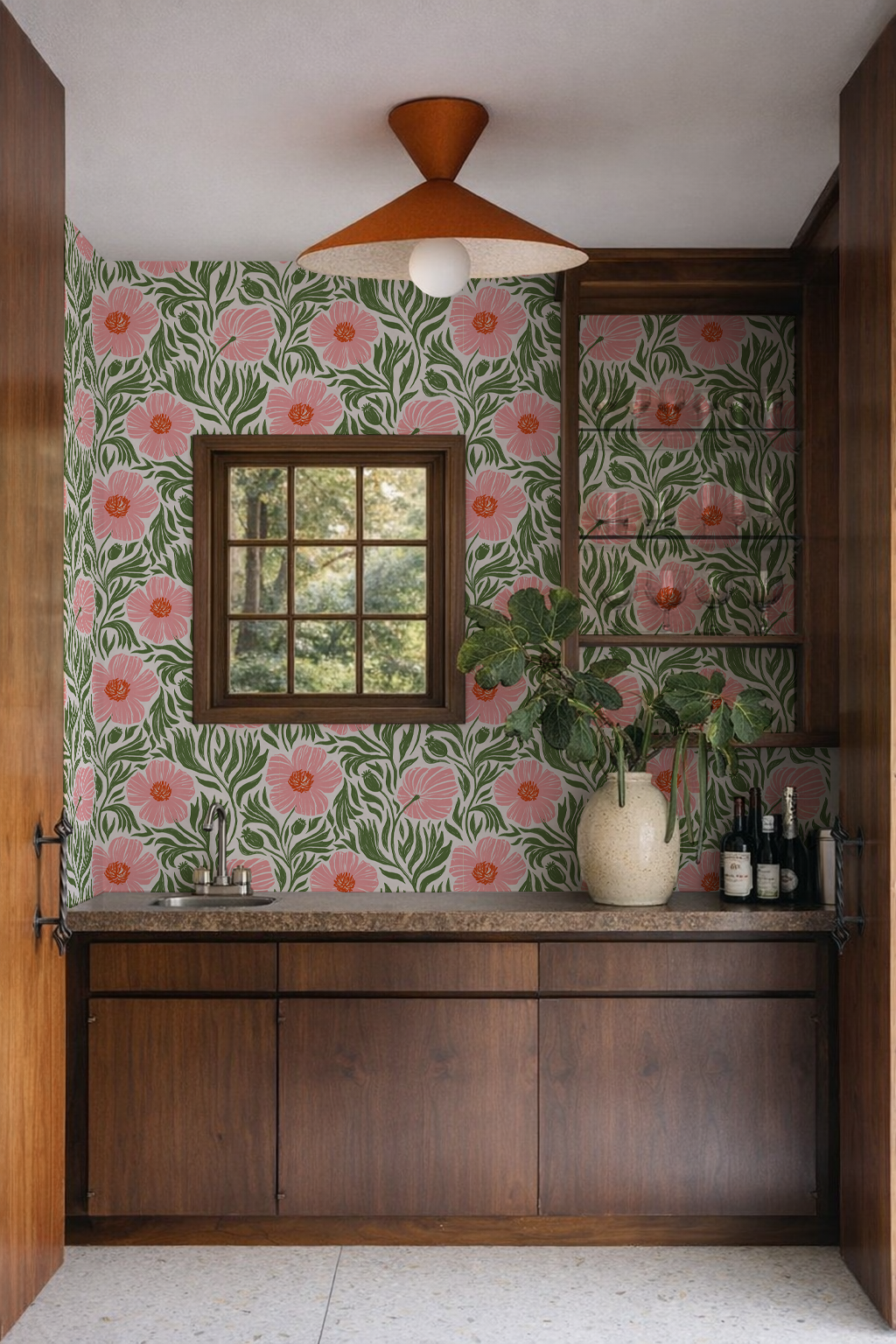 Papel pintado Matilija, blanco, rosa y verde