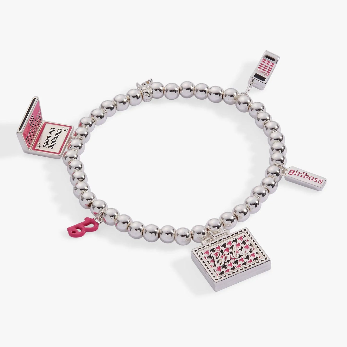 Barbie Girlboss stretch bracelet by ALEX AND ANI silver bead bracelet with pink charm on Tampa Home & Garden Store