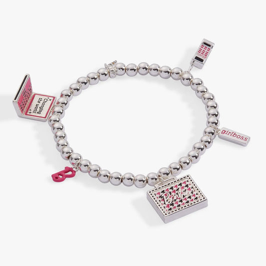 Barbie Girlboss stretch bracelet by ALEX AND ANI silver bead bracelet with pink charm on Tampa Home & Garden Store