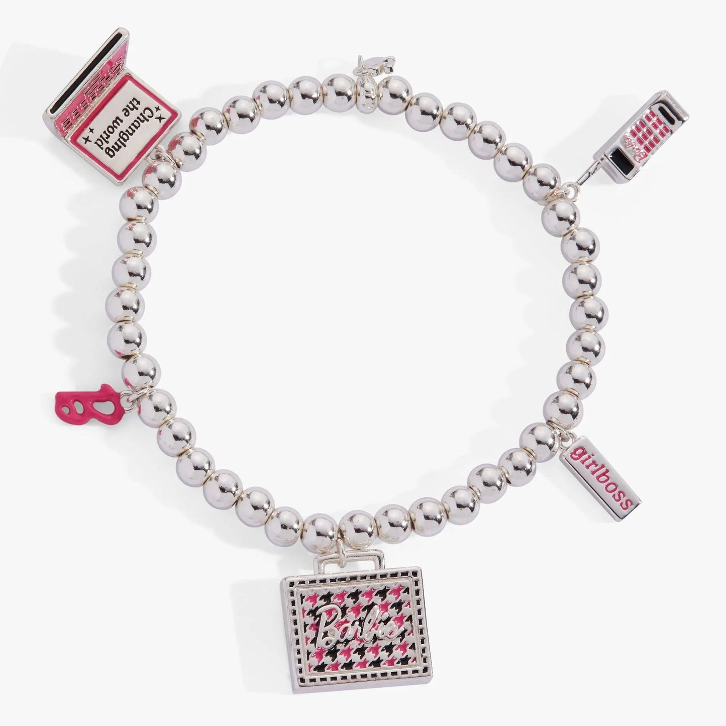 Barbie Girlboss stretch bracelet by Alex and Ani, silver beads with pink Barbie charm on Tampa Home & Garden Store