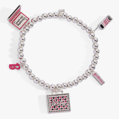 Barbie Girlboss stretch bracelet by Alex and Ani, silver beads with pink Barbie charm on Tampa Home & Garden Store