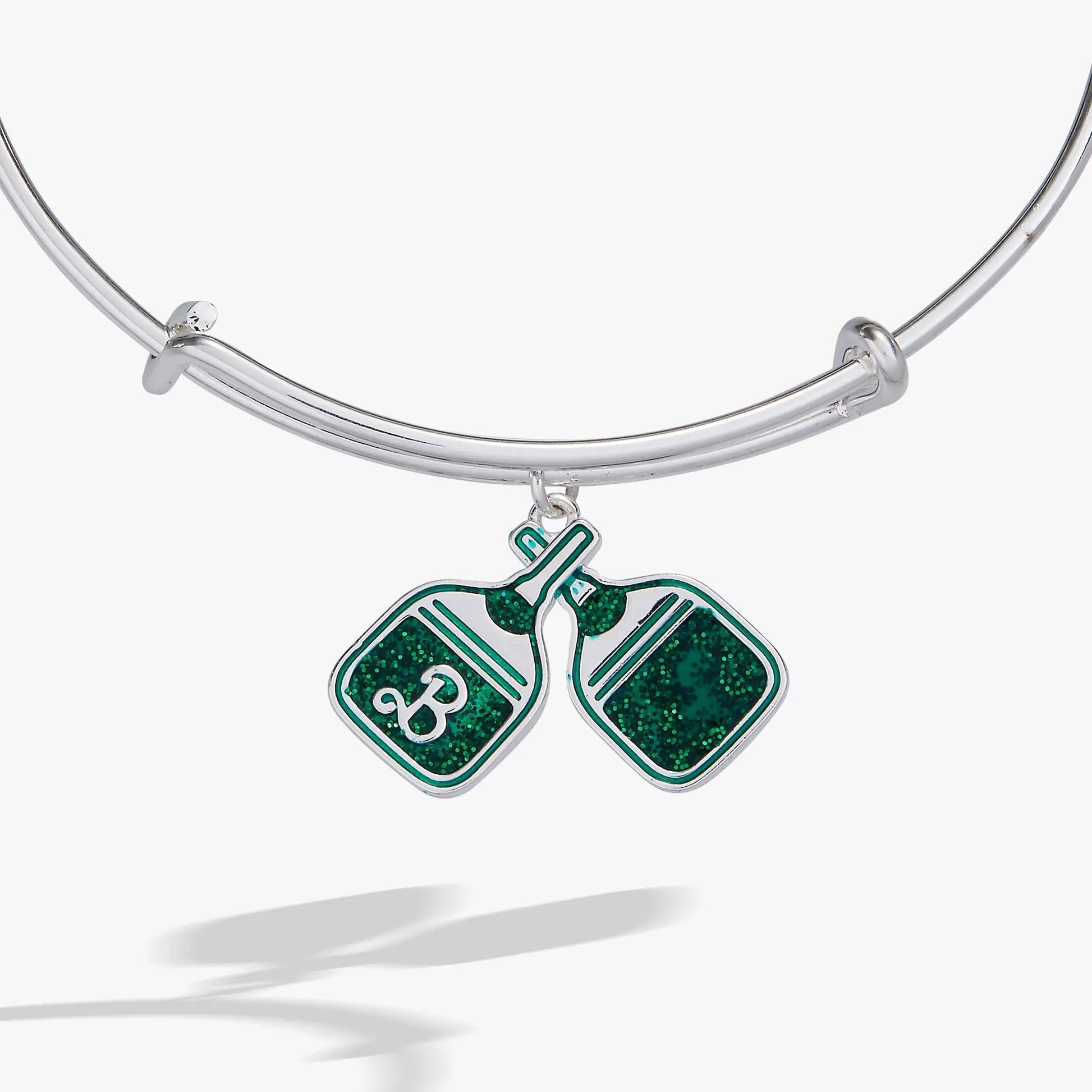 Barbie Pickleball Bangle bracelet by ALEX AND ANI with two green enamel paddle charms, silvertone on Tampa Home & Garden Store