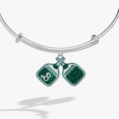 Barbie Pickleball Bangle bracelet by ALEX AND ANI with two green enamel paddle charms, silvertone on Tampa Home & Garden Store
