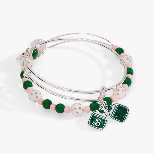 Barbie Pickleball Bangle set of 2 by Alex and Ani with pink and green beads on silver bangles on Tampa Home & Garden Store