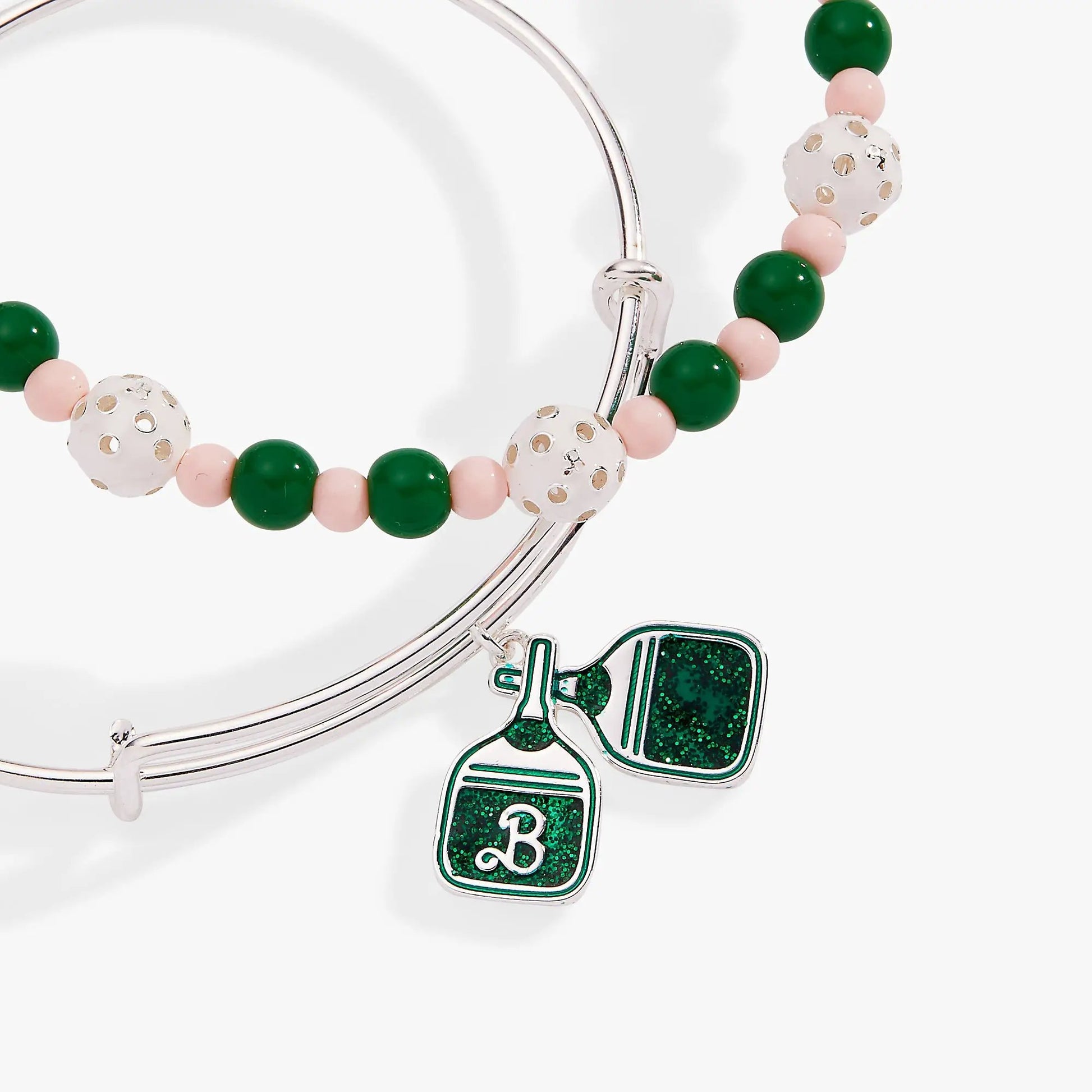 Barbie Pickleball Bangle set of 2 by ALEX AND ANI; pink/green beads with perforated beads on Tampa Home & Garden Store