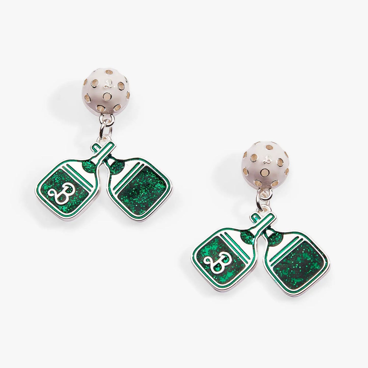 Barbie™ Pickleball Drop Earrings by ALEX AND ANI; beaded balls and green glitter paddle charms on Tampa Home & Garden Store