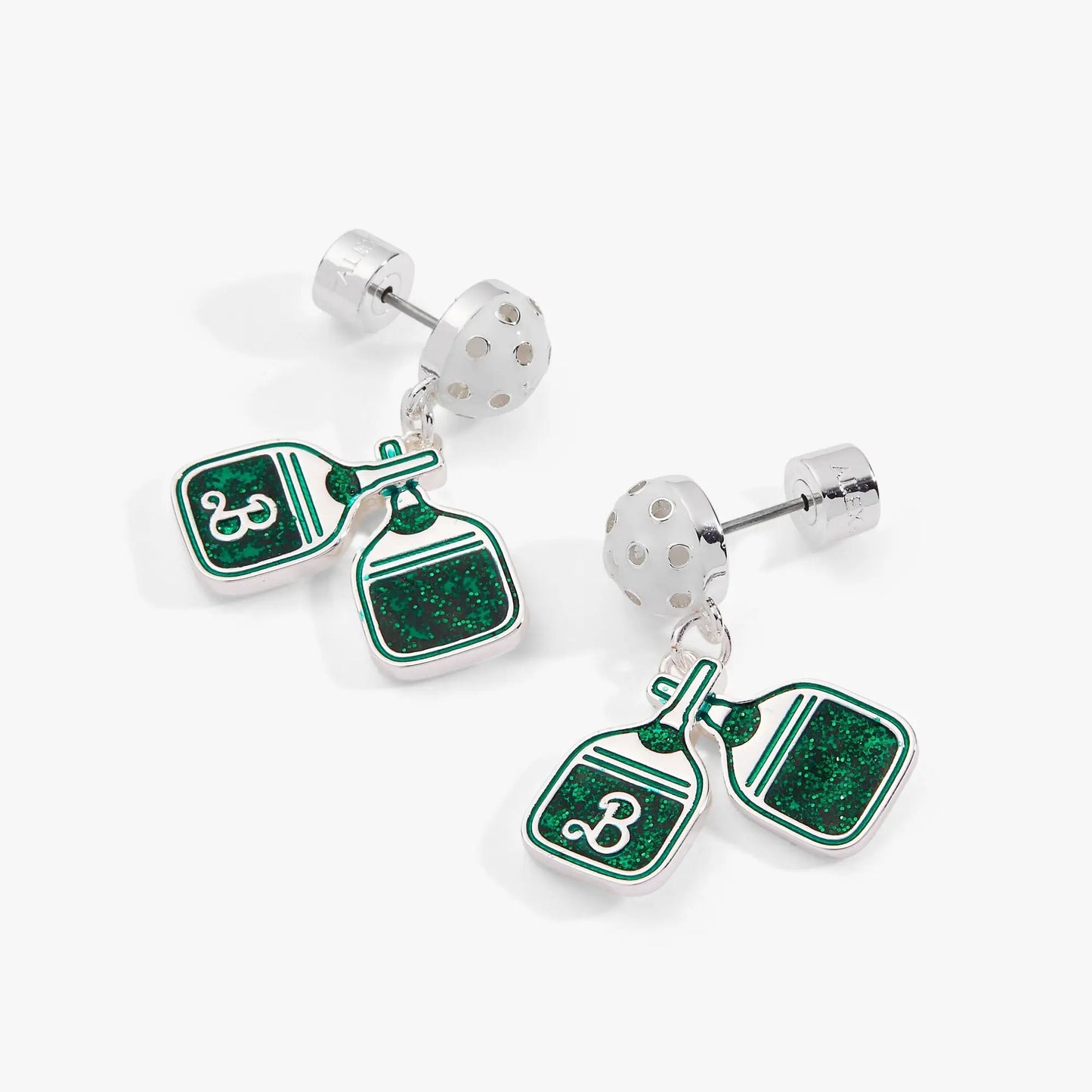 Barbie Pickleball Drop Earrings with green glitter paddles, silver hardware by Alex and Ani on Tampa Home & Garden Store
