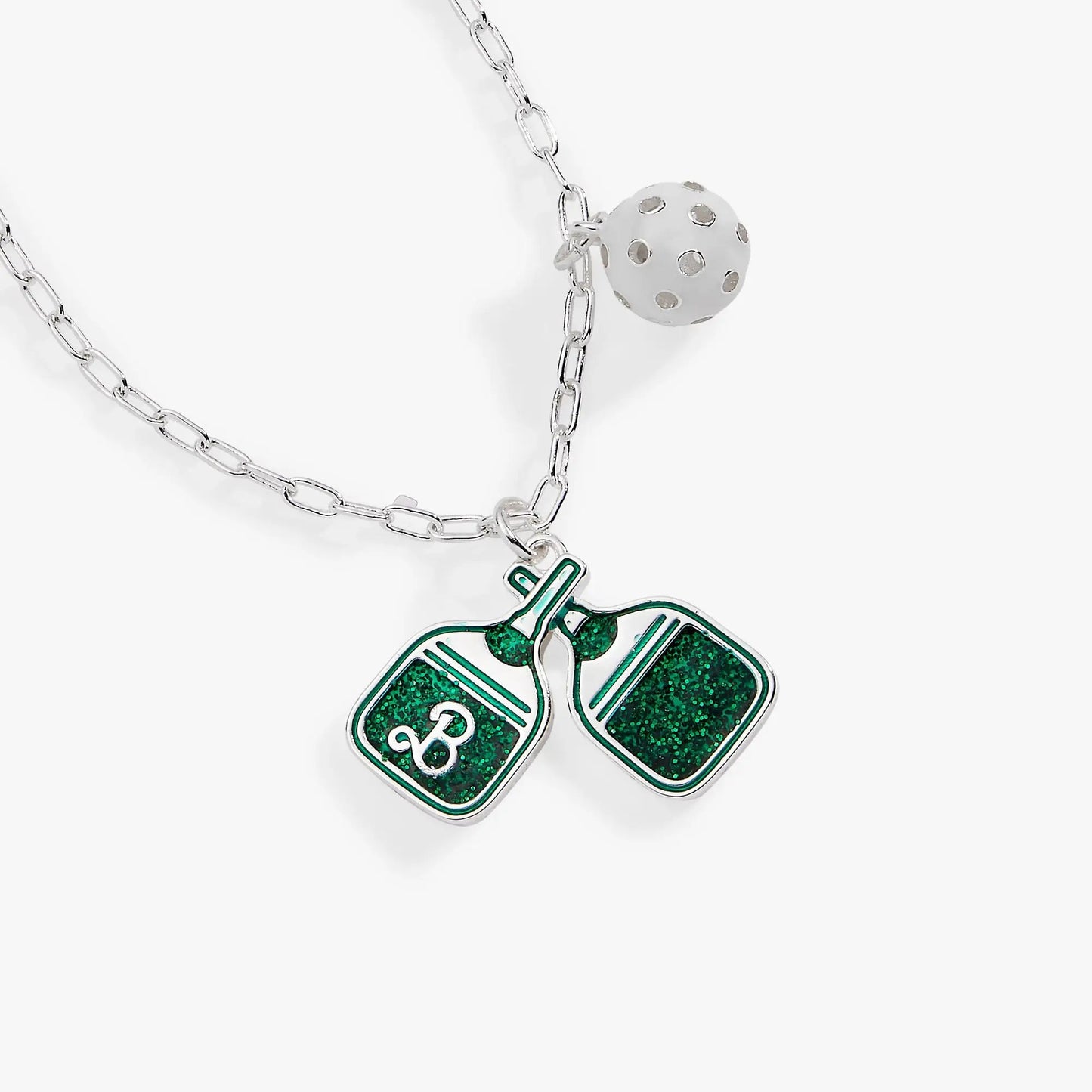 Barbie Pickleball Pendant Necklace with white ball and green glitter charm by ALEX AND ANI on Tampa Home & Garden Store