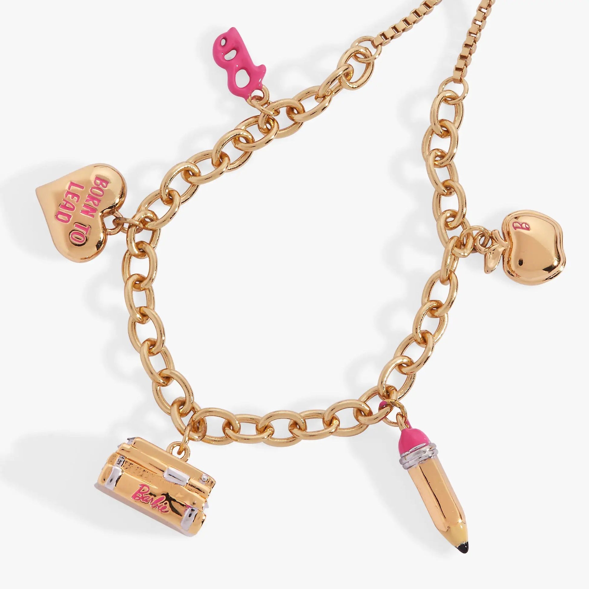 Barbie Teacher Bolo Bracelet by Alex and Ani in gold-tone with pink Barbie charm and heart charm on Tampa Home & Garden Store