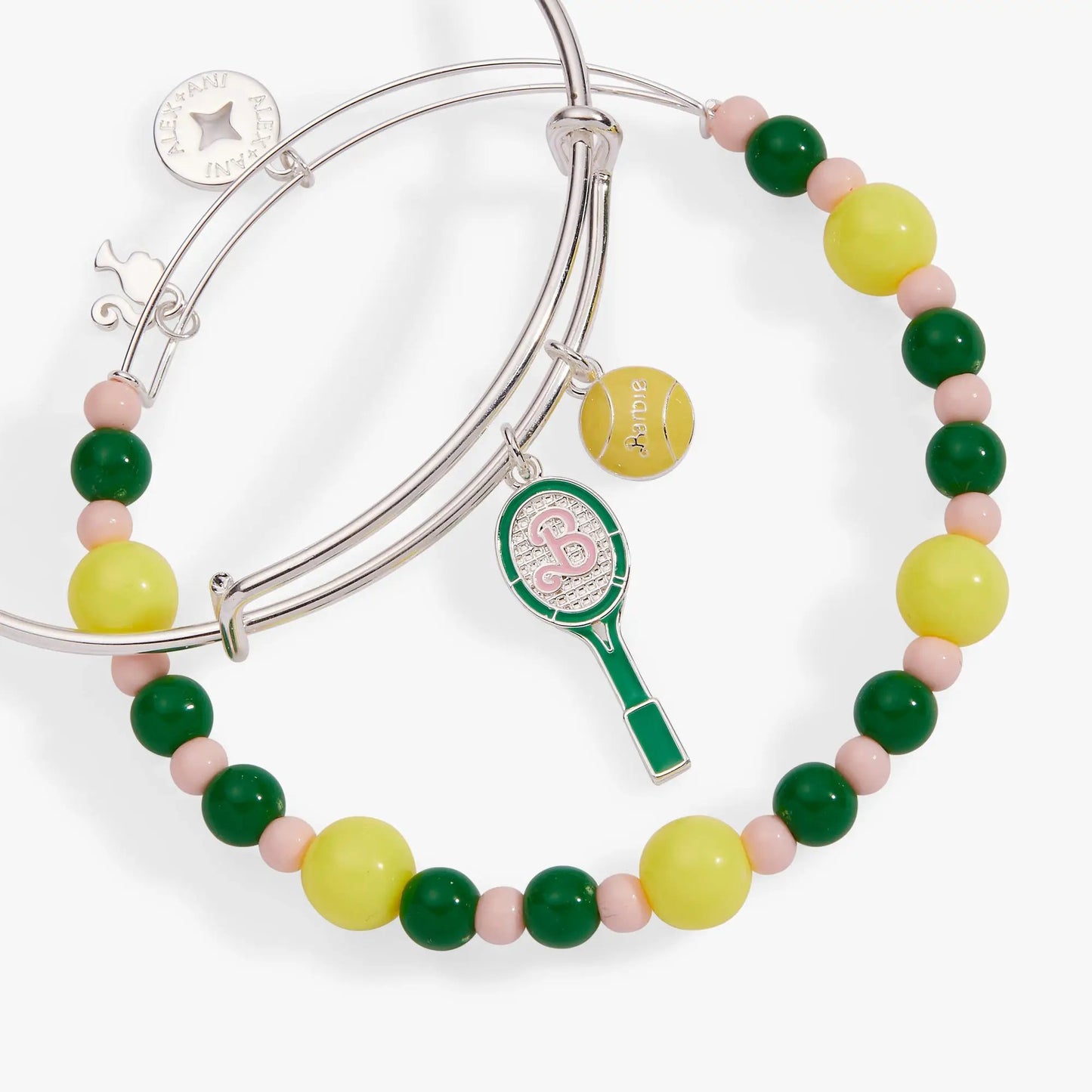 Barbie Tennis Bangle set of 2; silver-toned bangles with pink, green, and yellow beads on Tampa Home & Garden Store