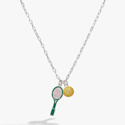 Barbie Tennis Charm Pendant Necklace silver chain with green racquet and yellow ball charms on Tampa Home & Garden Store