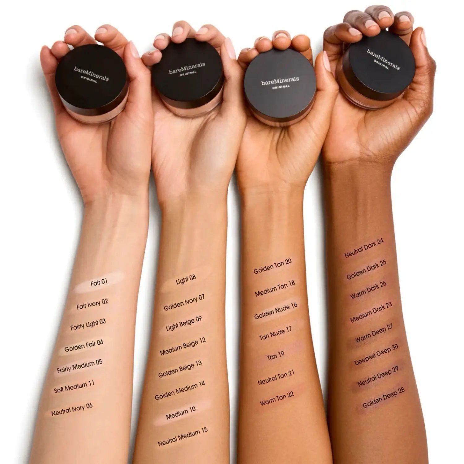 bareMinerals Original Loose Powder Foundation jars show four shade swatches on arms on Tampa Home & Garden Store