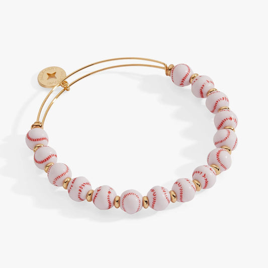 Baseball Beaded Bangle, white beads with red stitching and gold spacers, ALEX AND ANI charm on Tampa Home & Garden Store