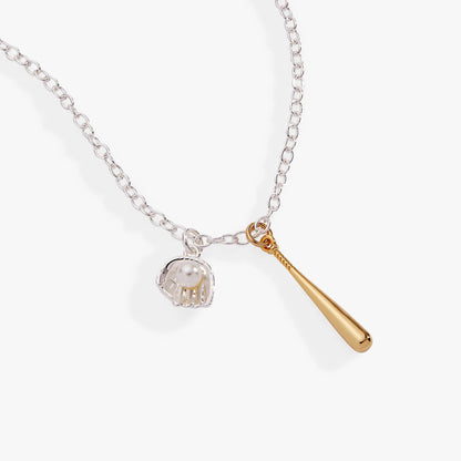 Ballgame Duo Charm Pendant Necklace chain with gold baseball bat and pearl cage pendant on Tampa Home & Garden Store